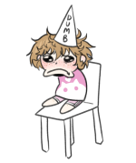 Jude sat on a chair frowning and wearing a dunce hat.
