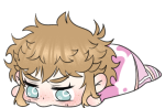 Illustration of a chibi-style Jude laying on the floor with a grumpy expression.