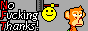 Animated 88x31 button containing a yellow smiley repeatedly bonking a Bored Ape on the head with a mallet that reads 'No Fucking Thanks!' with the first letters of all the words being 'NFT'.
