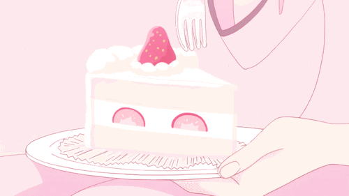 Animated gif of an illustrated strawberry shortcake being cut with a fork.