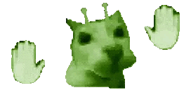 Animated gif of a dancing alien cat with his palms up.